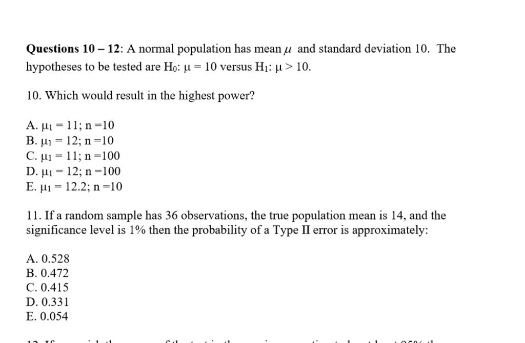 Solved Questions 10 – 12: A Normal Population Has Mean Y And | Chegg.com