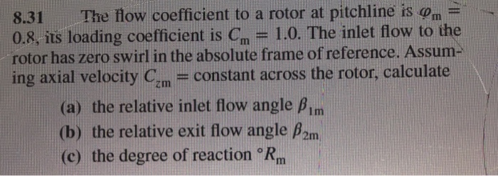 Solved 8.31 The flow coefficient to a rotor at pitchline is | Chegg.com
