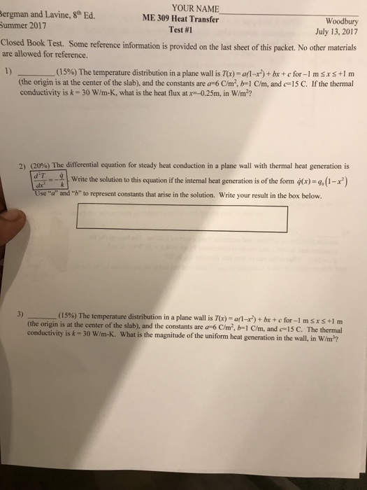 Solved ________The temperature distribution in a plane wall | Chegg.com