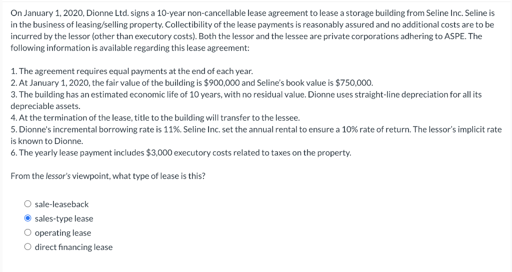 Solved On January 1, 2020, Dionne Ltd. signs a 10-year | Chegg.com