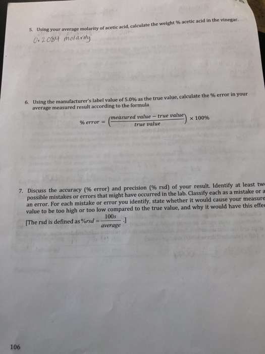 Solved Using your average molarity of acetic acid, calculate | Chegg.com