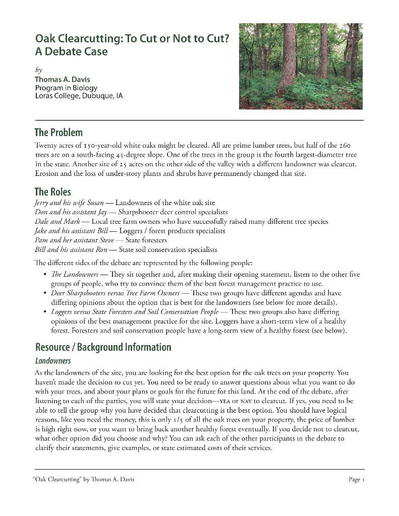 Solved Oak Clearcutting To Cut Or Not To Cut A Debate Case Chegg