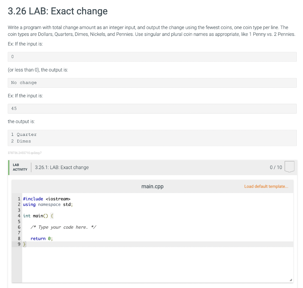 Solved 3.26 LAB: Exact change Write a program with total | Chegg.com