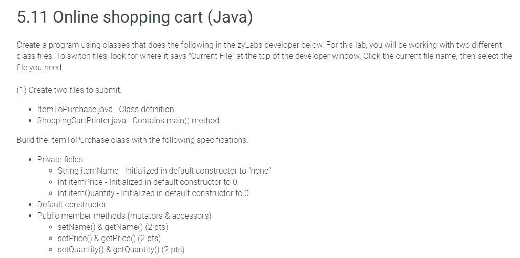 shopping cart java assignment