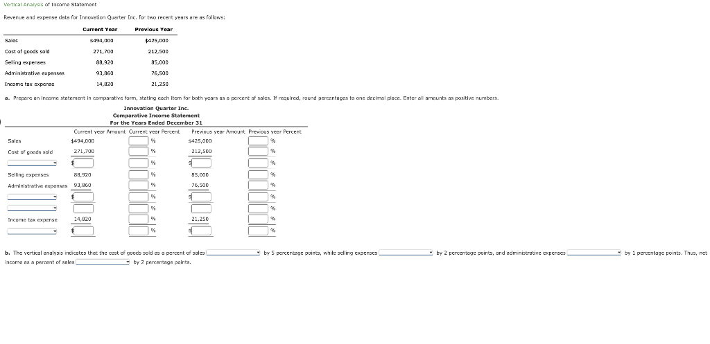 Solved Vertical Analysis of Income Statement Revenue and | Chegg.com