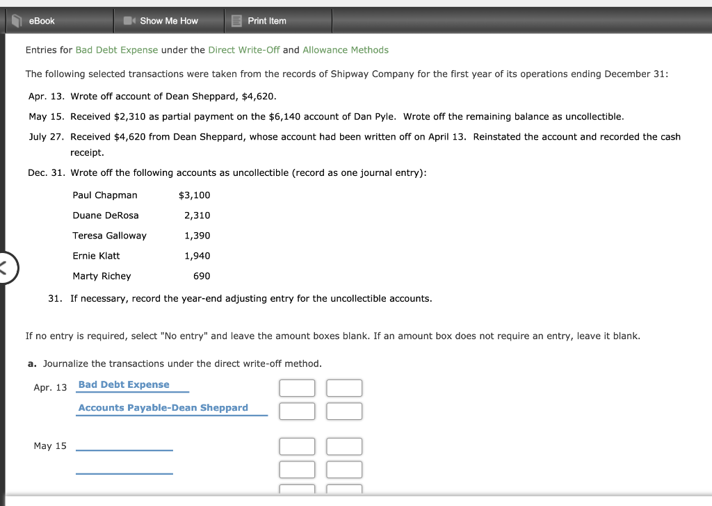 Solved eBook Show Me How Print Item Entries for Bad Debt | Chegg.com