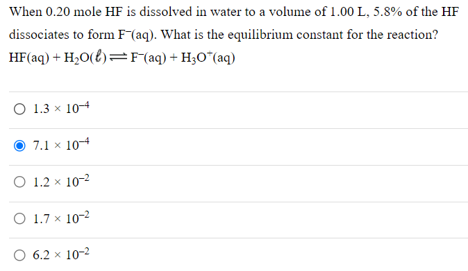 Solved When Mole Hf Is Dissolved In Water To A Volume Chegg Com