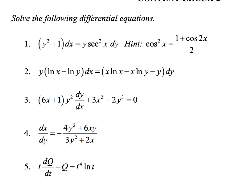 Solved Solve The Following Differential Equations 1 Y2