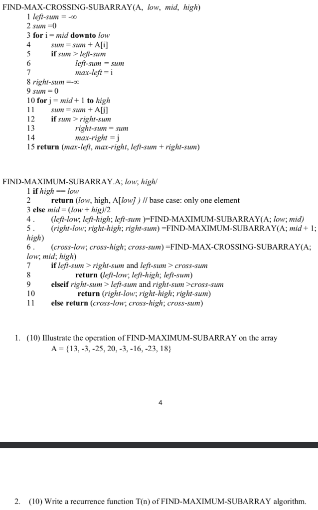 Solved Find Max Crossing Subarray Low Mid High 1left Sum O 2 Sum 0 3 Mid Downto Low 4 Sum Sum Sum Q