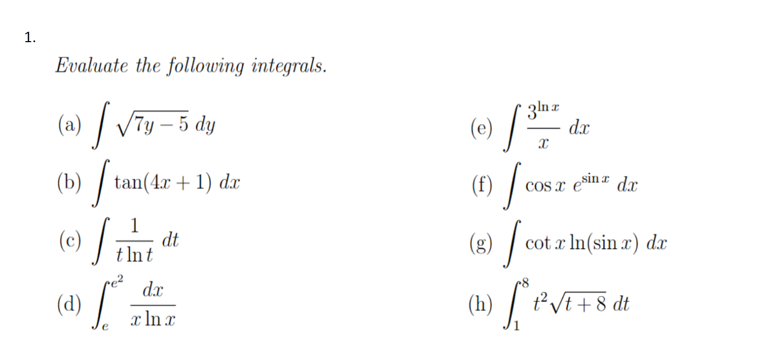 Solved 1. Evaluate The Following Integrals. (a) ∫7y−5dy (e) | Chegg.com