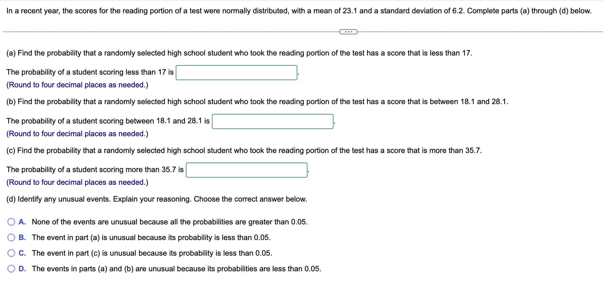 Solved In a recent year, the scores for the reading portion | Chegg.com