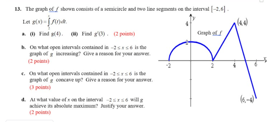 Solved 13. The Graph Of F Shown Consists Of A Semicircle And 