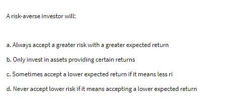 Solved A Risk-averse Investor Will: A. Always Accept A | Chegg.com