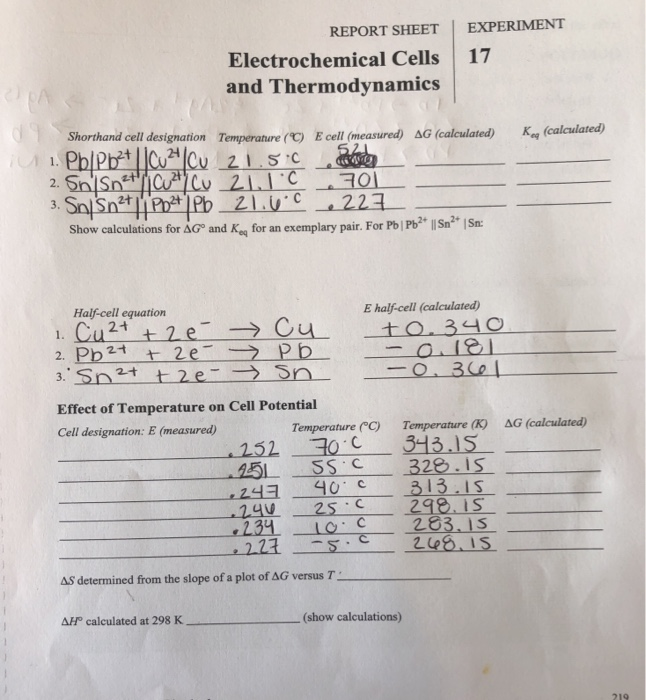 Solved: REPORT SHEET EXPERIMENT Electrochemical Cells 17 A... | Chegg.com