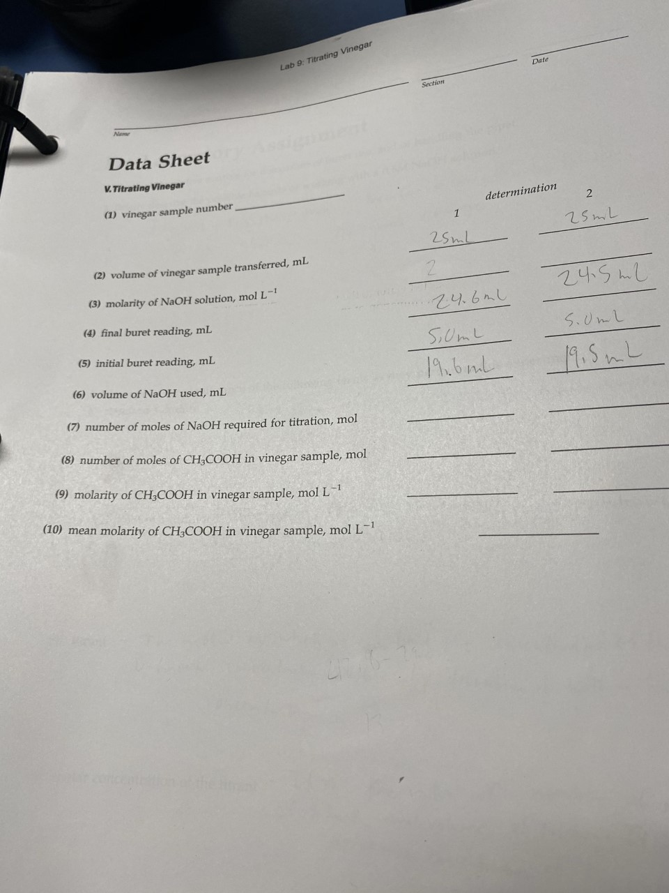Solved Date Lab 9 Titrating Vinegar Section N Data Sheet V.