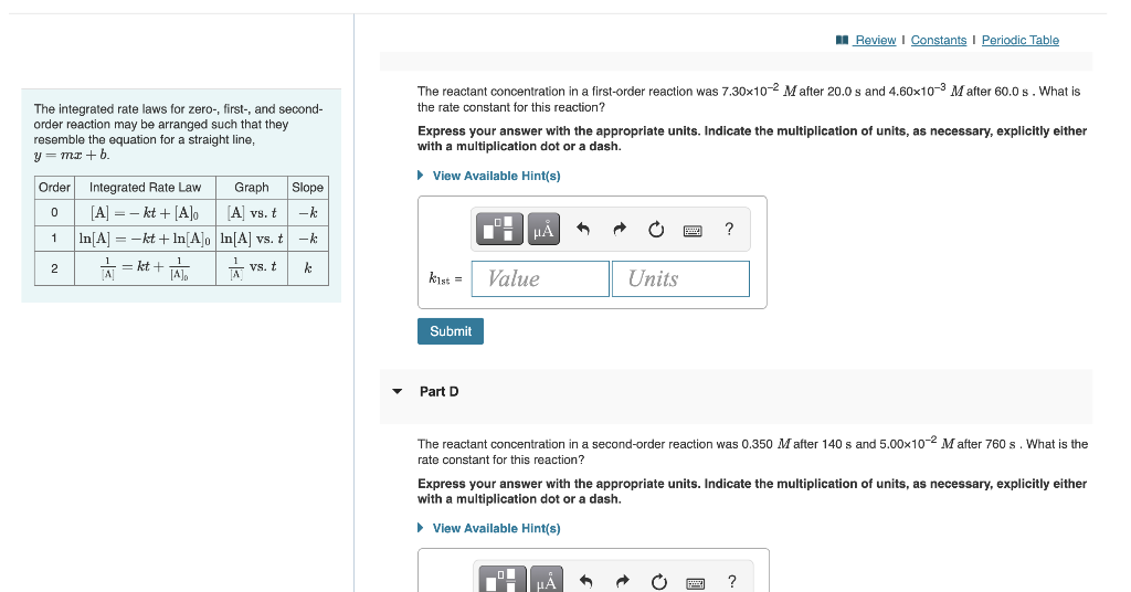 Solved Part A The integrated rate laws for zero-, first-, | Chegg.com