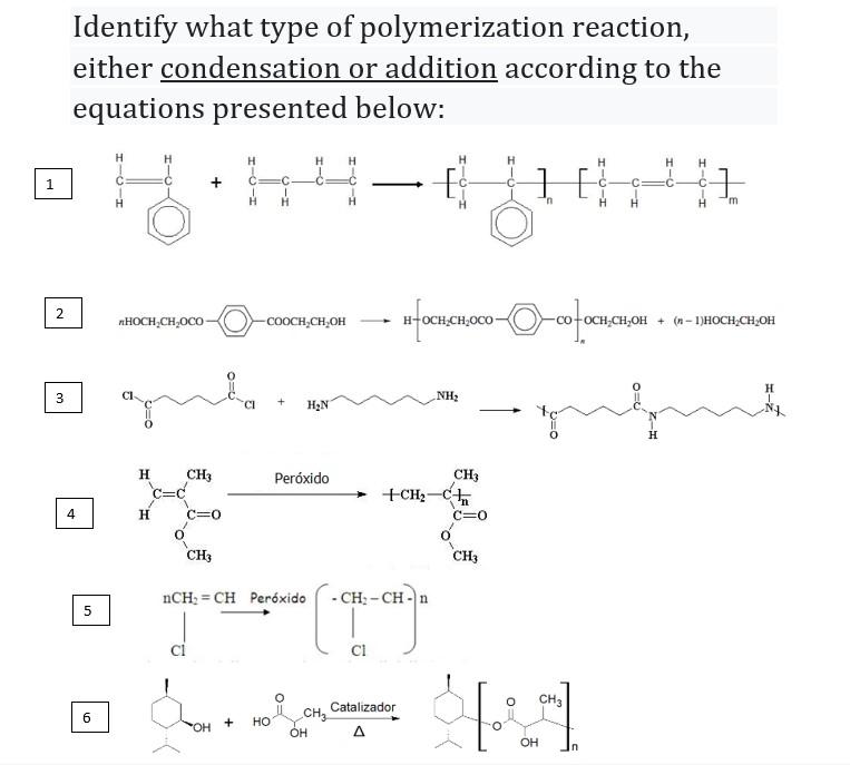 Identify what type of polymerization reaction, either condensation or addition according to the equations presented below:
\(