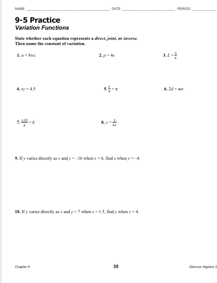 Direct Variation Worksheet With Answers