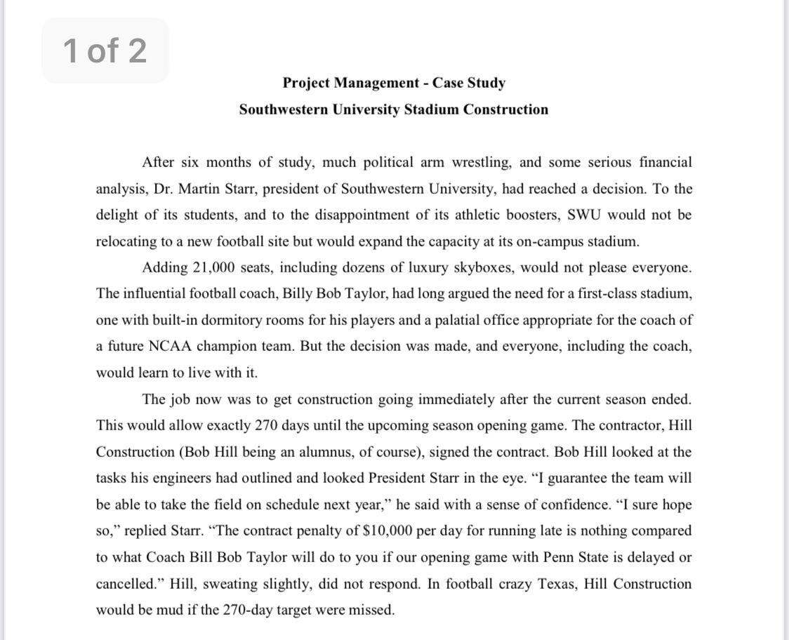 Solved 1 of 2 Project Management - Case Study Southwestern | Chegg.com