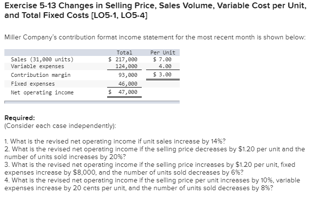Solved Exercise 5-13 Changes in Selling Price, Sales Volume, | Chegg.com