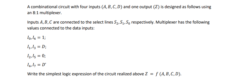 Solved A Combinational Circuit With Four Inputs (A,B,C,D) | Chegg.com