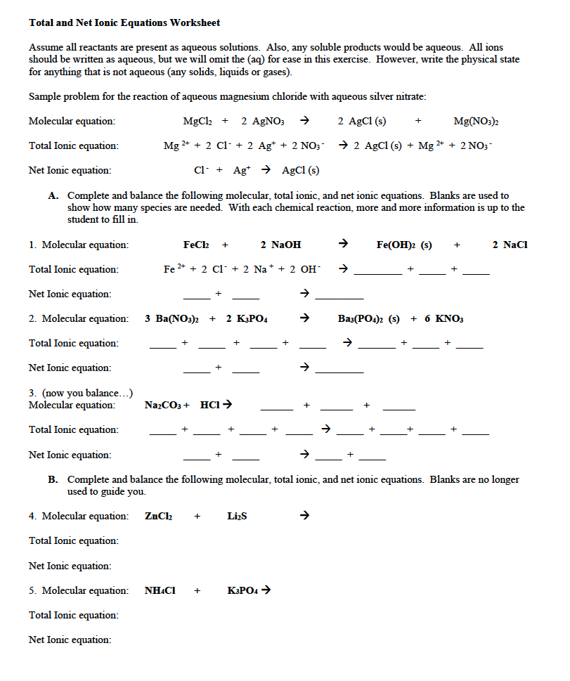 Solved Total and Net Ionic Equations Worksheet Assume all | Chegg.com