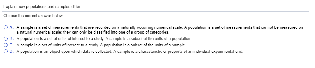 Solved: Explain How Populations And Samples Differ Choose | Chegg.com