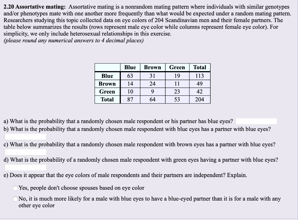 Solved 2.20 Assortative Mating: Assortative Mating Is A | Chegg.com