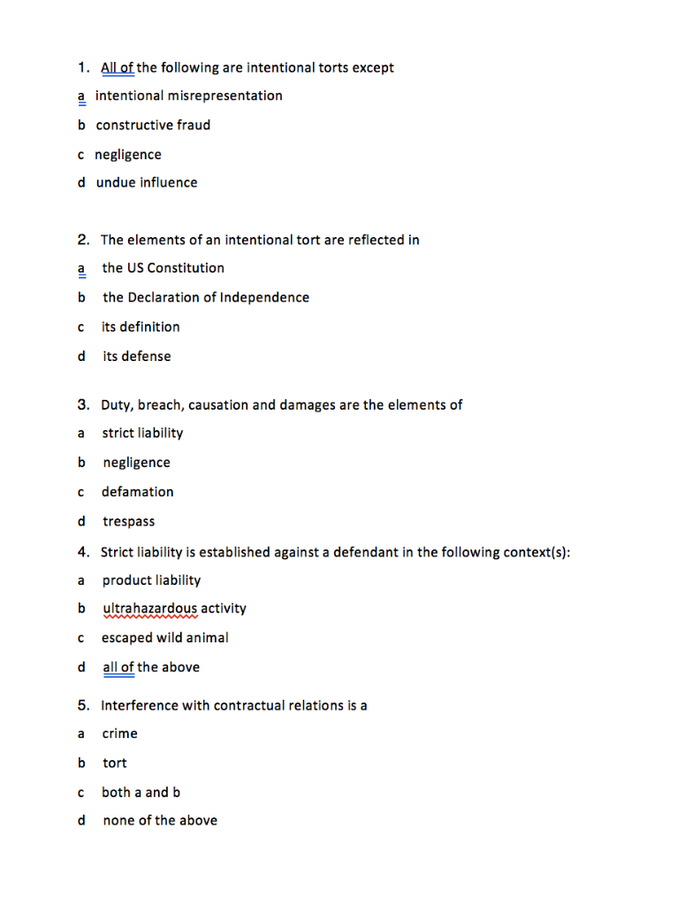 Solved 1. All of the following are intentional torts except | Chegg.com