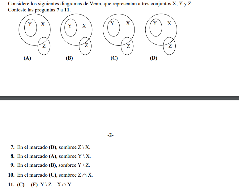 Considere los siguientes diagramas de Venn, que representan a tres conjuntos \( \mathrm{X}, \mathrm{Y} \) y \( \mathrm{Z} \)