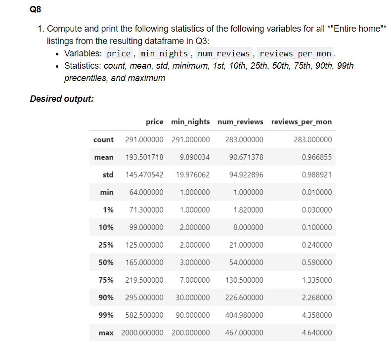 Solved 1. Compute and print the following statistics of the | Chegg.com