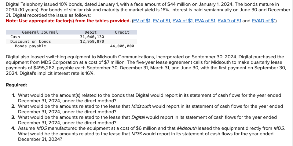 Solved Digital Telephony issued 10% bonds, dated January 1 , | Chegg.com