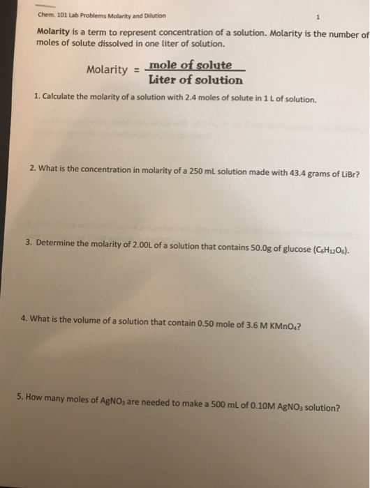 Solved Chem. 101 Lab Problems Molarity and Dilution Molarity