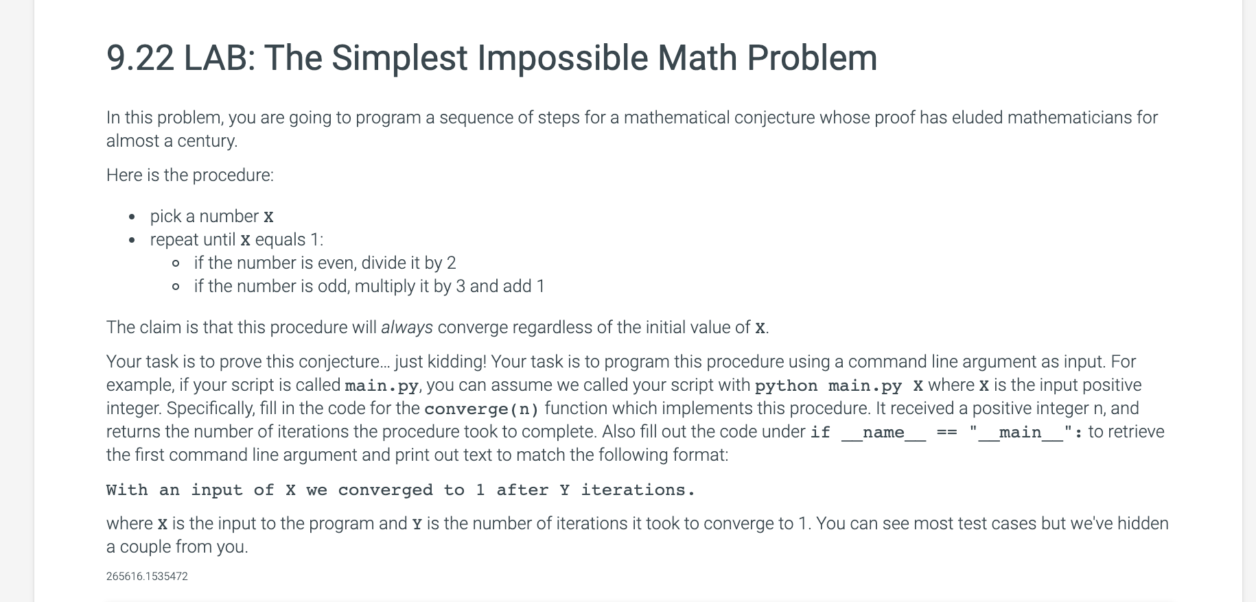 Solved 9.22 LAB: The Simplest Impossible Math Problem In | Chegg.com