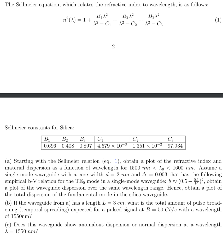 The Sellmeier equation, which relates the refractive | Chegg.com