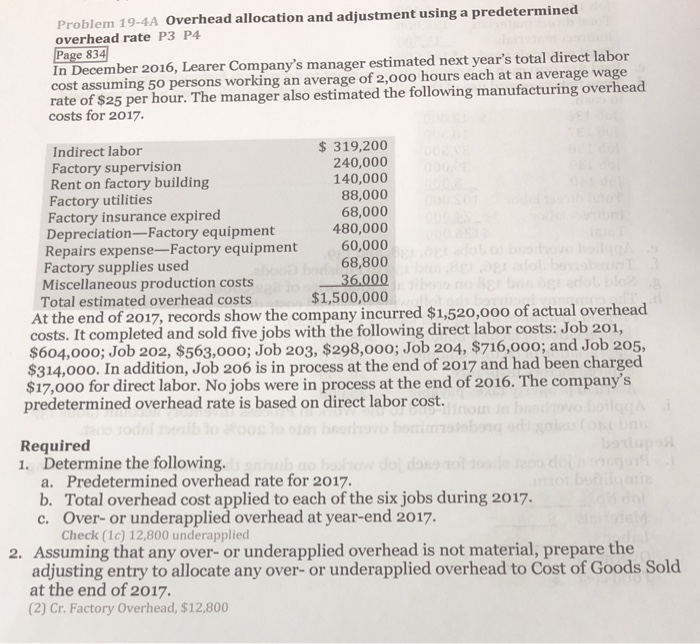 Solved Problem 19-4A Overhead allocation and adjustment | Chegg.com