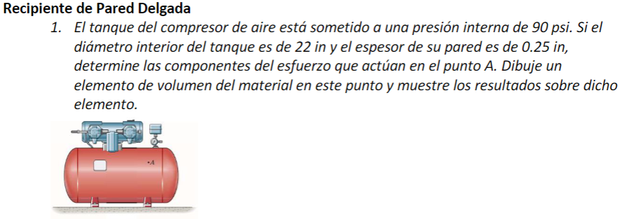 ecipiente de Pared Delgada 1. El tanque del compresor de aire está sometido a una presión interna de 90 psi. Si el diámetro i