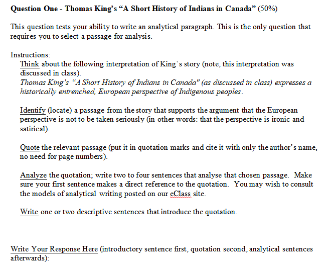 Question One - Thomas King's “A Short History of | Chegg.com