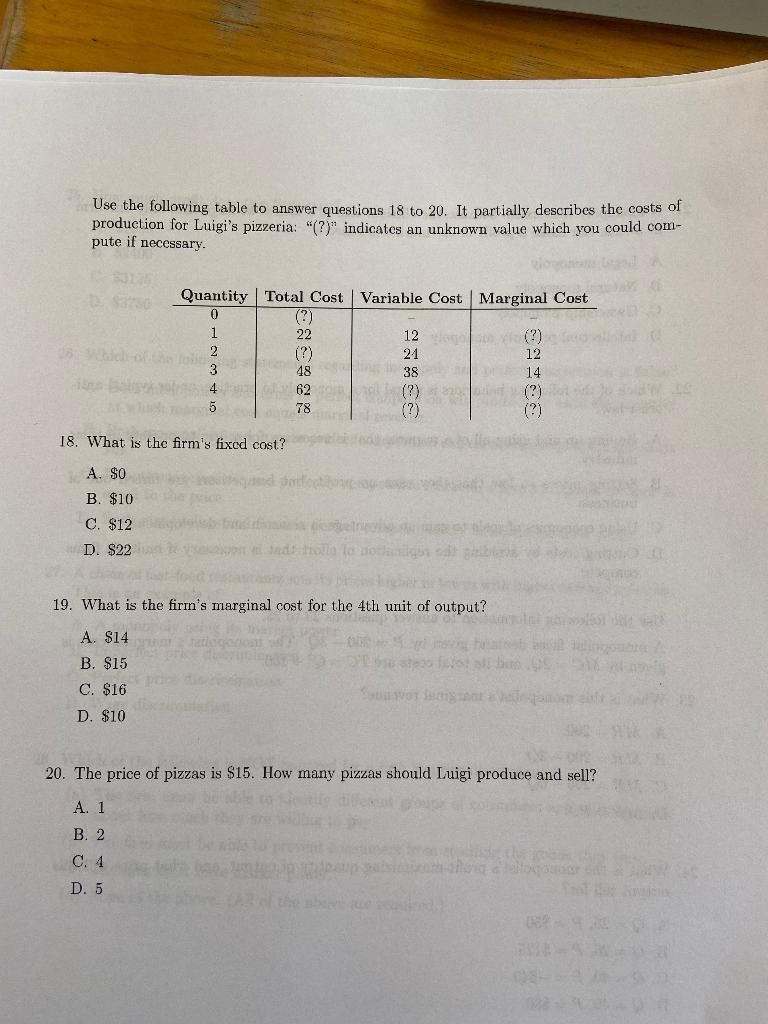 Solved Use the following table to answer questions 18 to 20. | Chegg.com