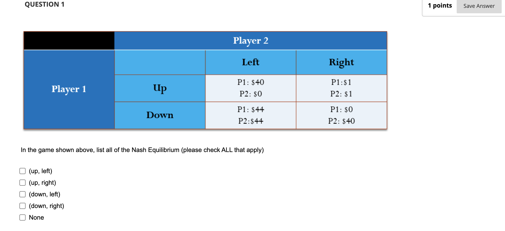 Solved QUESTION 1 In the game shown above, list all of the | Chegg.com