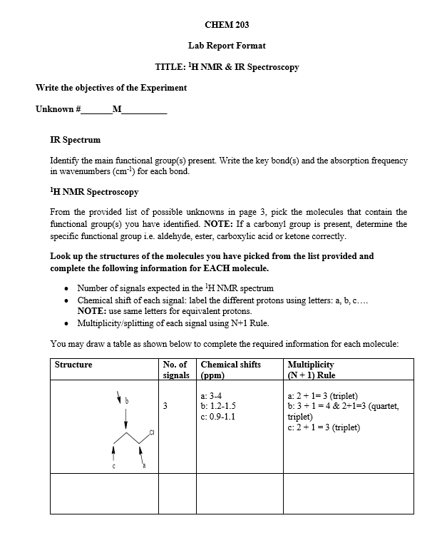Solved CHEM 203 Lab Report Format TITLE H NMR & IR