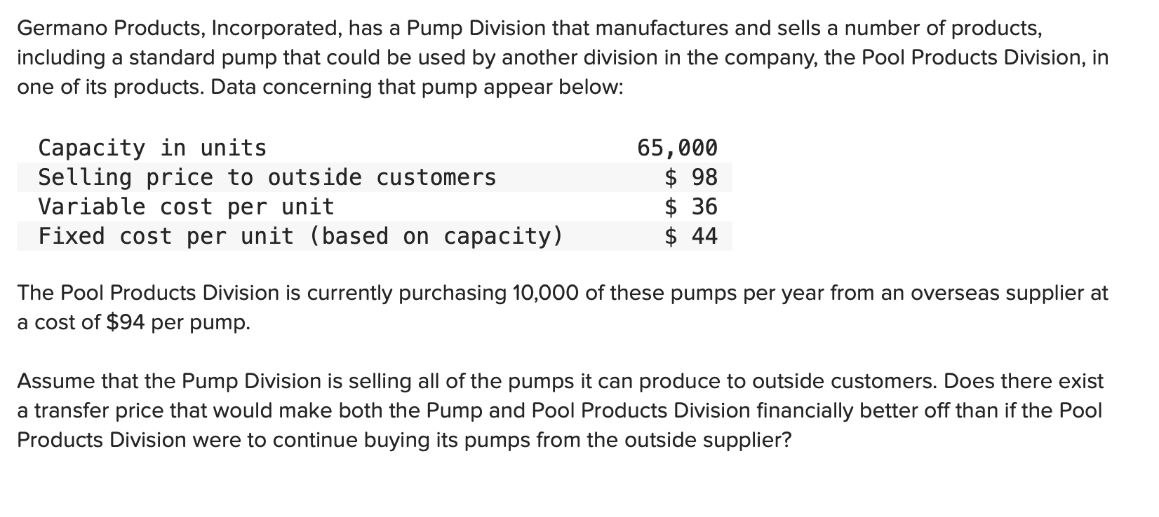 Solved Germano Products, Incorporated, has a Pump Division