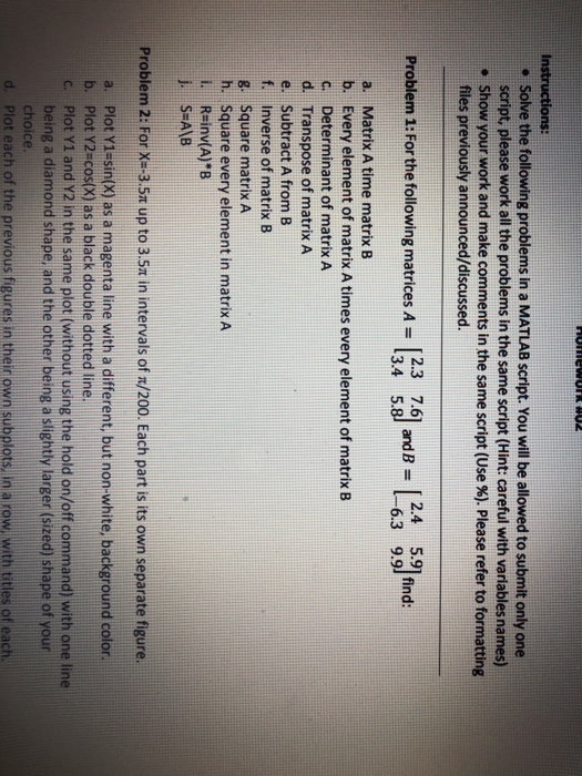 Solved - Solve the following problems in a MATLAB script. | Chegg.com