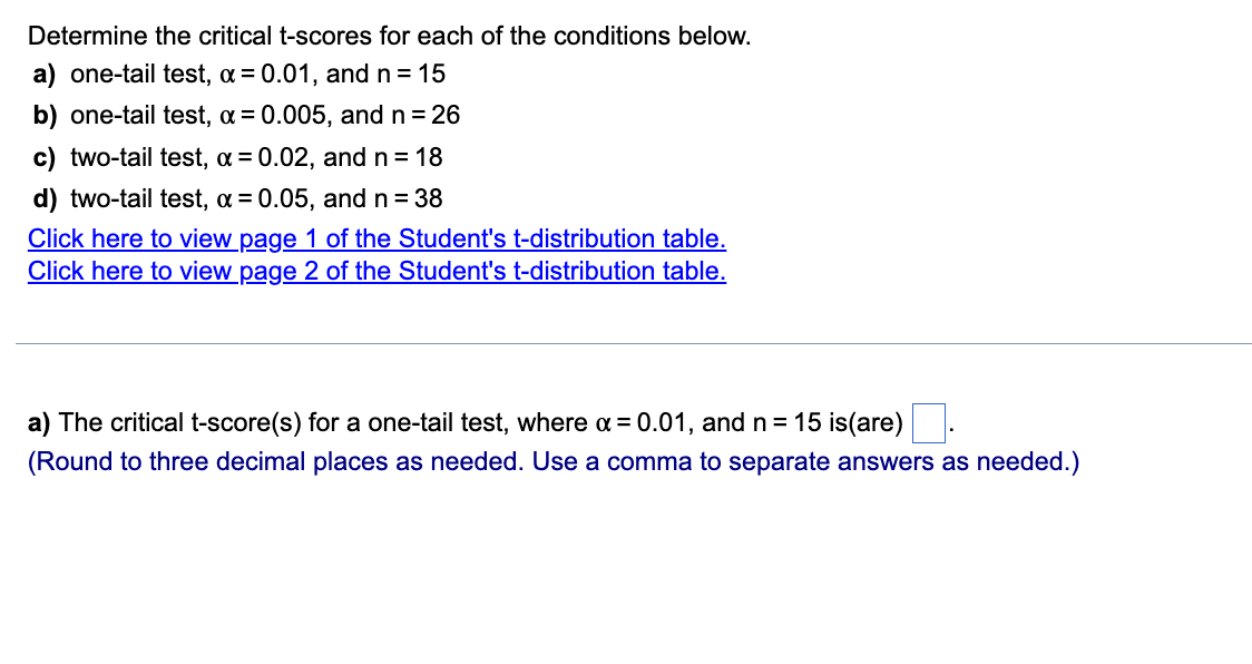 Solved Determine the critical t-scores for each of the | Chegg.com