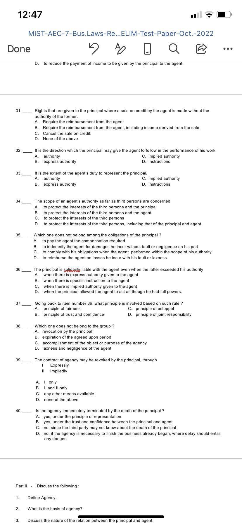 Solved Multiple Choice - write the letter of your choice on | Chegg.com