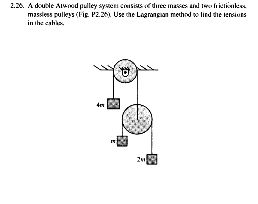 2.26. A double Atwood pulley system consists of three masses and two frictionless, massless pulleys (Fig. P2.26). Use the Lag