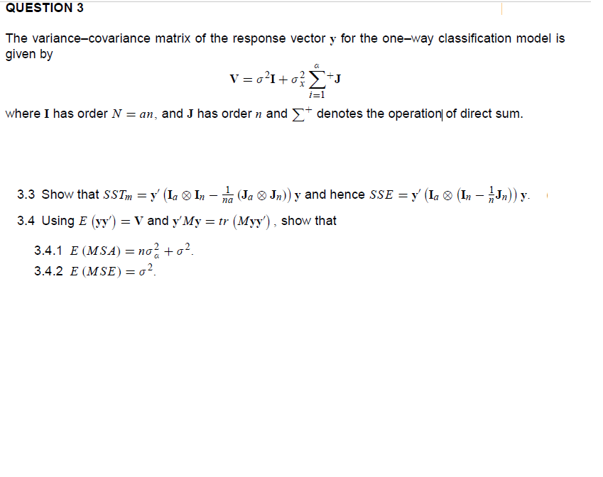 The variance-covariance matrix of the response vector | Chegg.com
