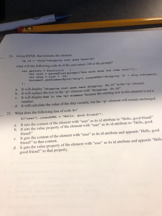 Solved 24. Given HTML that includes the element p id | Chegg.com