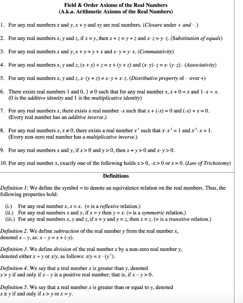 Solved Field & Order Axioms of the Real Numbers (A.k.a.  Chegg.com In Properties Of Real Numbers Worksheet