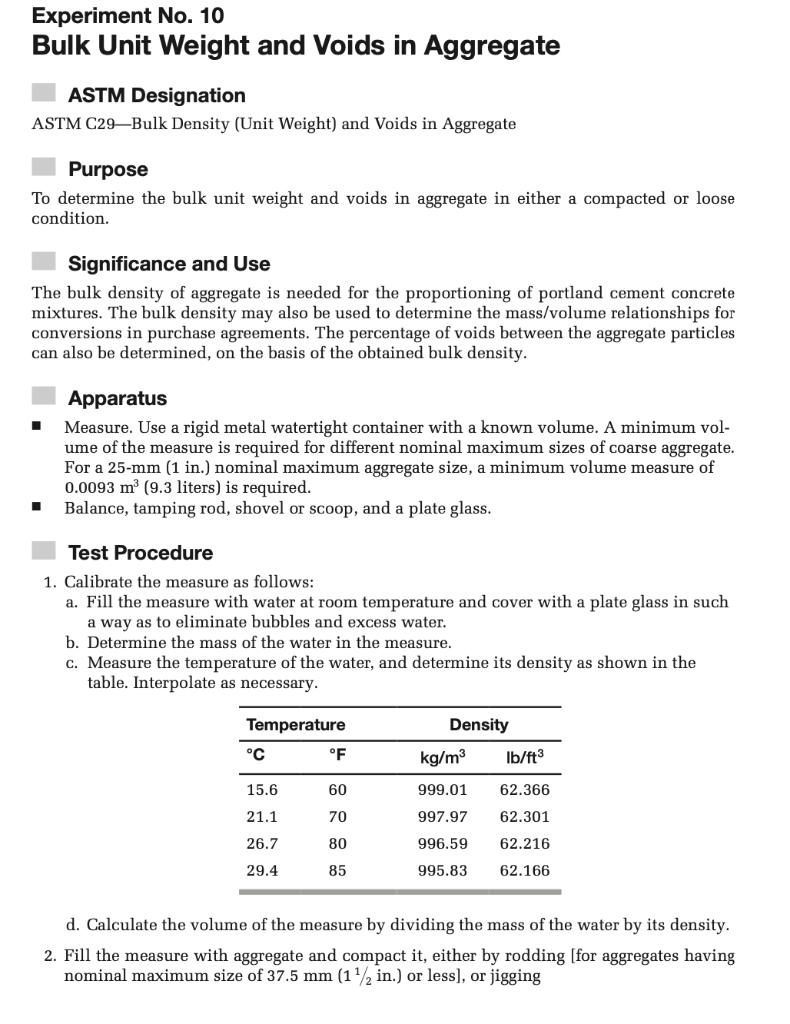 Experiment No. 10 Bulk Unit Weight and Voids in | Chegg.com